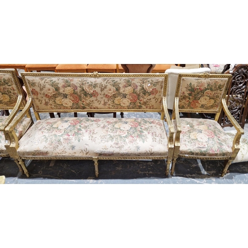 1208 - Gilt finish salon suite in the  French Louis XV manner comprising a settee and a pair of elbow chair... 