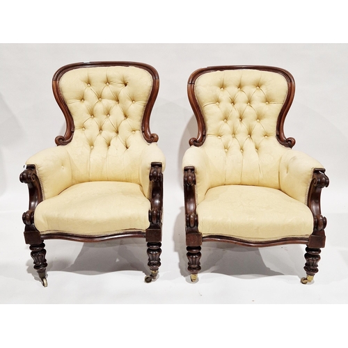 1211 - Pair of Victorian salon armchairs with yellow button back upholstery, the mahogany frames with carve... 