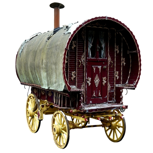 1220A - Early 20th century bow top Vardo/gypsy painted wagon, outer cabin painted in burgundy, gold and whit... 