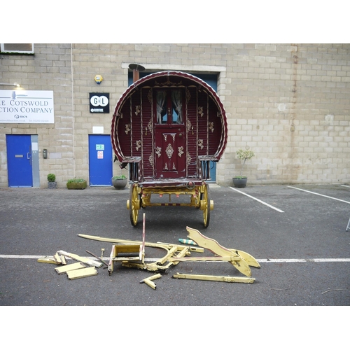 1220A - Early 20th century bow top Vardo/gypsy painted wagon, outer cabin painted in burgundy, gold and whit... 