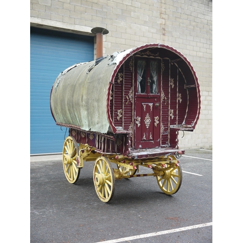 1220A - Early 20th century bow top Vardo/gypsy painted wagon, outer cabin painted in burgundy, gold and whit... 