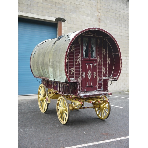 1220A - Early 20th century bow top Vardo/gypsy painted wagon, outer cabin painted in burgundy, gold and whit... 