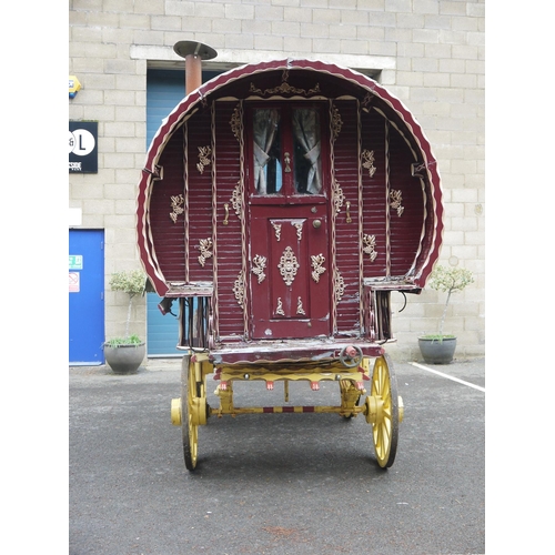 1220A - Early 20th century bow top Vardo/gypsy painted wagon, outer cabin painted in burgundy, gold and whit... 