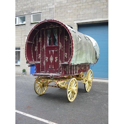 1220A - Early 20th century bow top Vardo/gypsy painted wagon, outer cabin painted in burgundy, gold and whit... 