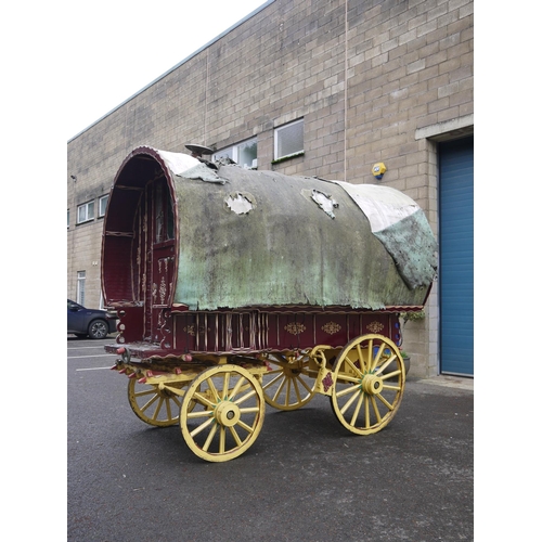 1220A - Early 20th century bow top Vardo/gypsy painted wagon, outer cabin painted in burgundy, gold and whit... 