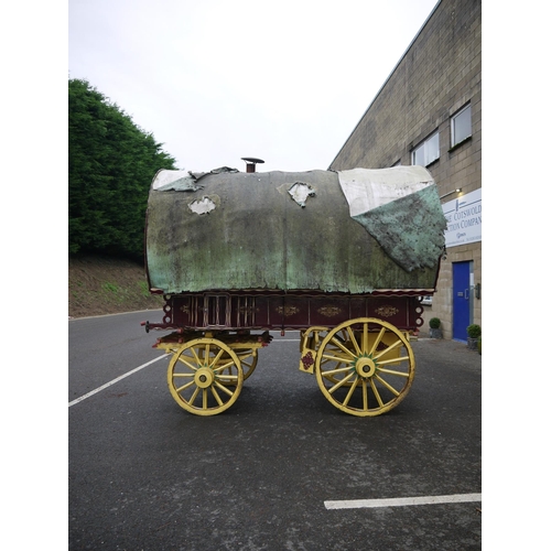 1220A - Early 20th century bow top Vardo/gypsy painted wagon, outer cabin painted in burgundy, gold and whit... 