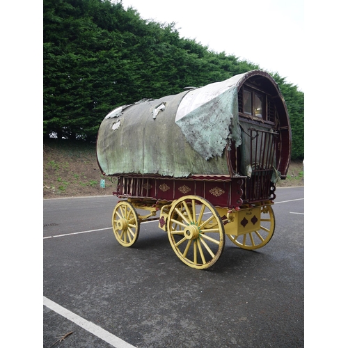 1220A - Early 20th century bow top Vardo/gypsy painted wagon, outer cabin painted in burgundy, gold and whit... 