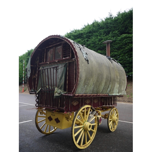 1220A - Early 20th century bow top Vardo/gypsy painted wagon, outer cabin painted in burgundy, gold and whit... 