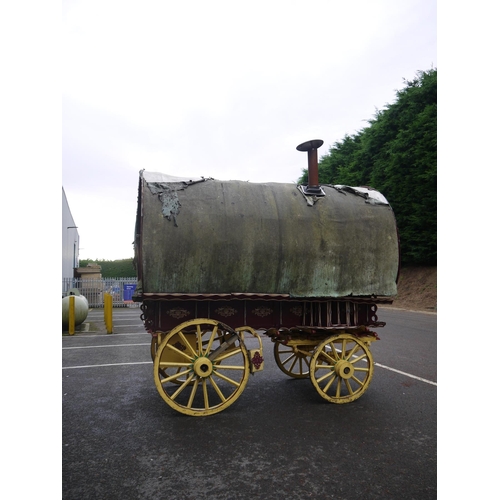 1220A - Early 20th century bow top Vardo/gypsy painted wagon, outer cabin painted in burgundy, gold and whit... 