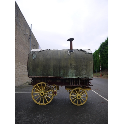 1220A - Early 20th century bow top Vardo/gypsy painted wagon, outer cabin painted in burgundy, gold and whit... 