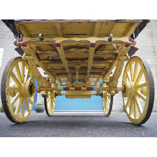 1220A - Early 20th century bow top Vardo/gypsy painted wagon, outer cabin painted in burgundy, gold and whit... 