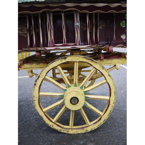 1220A - Early 20th century bow top Vardo/gypsy painted wagon, outer cabin painted in burgundy, gold and whit... 