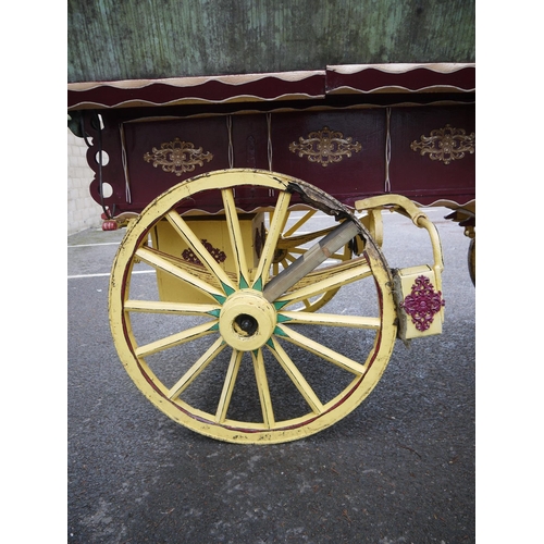 1220A - Early 20th century bow top Vardo/gypsy painted wagon, outer cabin painted in burgundy, gold and whit... 