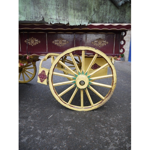 1220A - Early 20th century bow top Vardo/gypsy painted wagon, outer cabin painted in burgundy, gold and whit... 