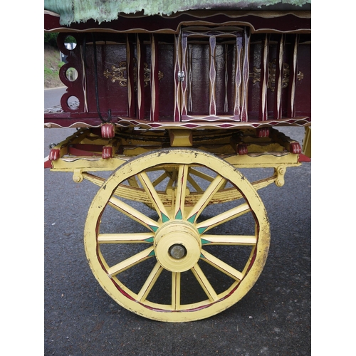 1220A - Early 20th century bow top Vardo/gypsy painted wagon, outer cabin painted in burgundy, gold and whit... 