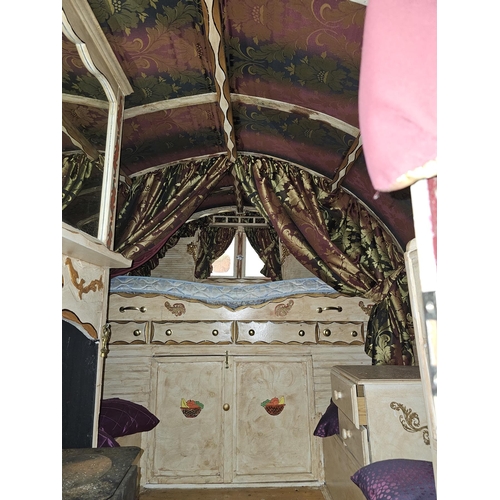 1220A - Early 20th century bow top Vardo/gypsy painted wagon, outer cabin painted in burgundy, gold and whit... 