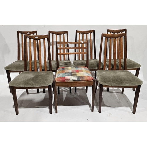 1224 - Set of six mid-century teak G-Plan 'Fresco' dining chairs, with green upholstered seats, labelled to... 