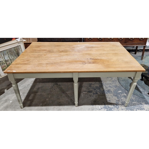 1228 - Large 19th century and later farmhouse style kitchen table, the pine plank top on a painted base wit... 