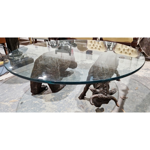 1230 - Constance (or Connie ) Foss (contemporary), glass circular coffee table supported by bronze sculptur... 