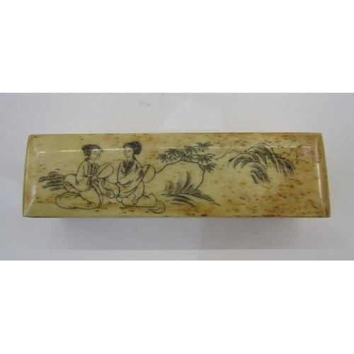 146 - Chinese bone box of rectangular form with sliding cover, decorated with two seated figures, a pair o... 