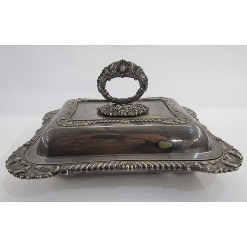 179 - Pair of silver plated entree dishes, each rectangular, with ornate foliate bayonet handles, shell, f... 