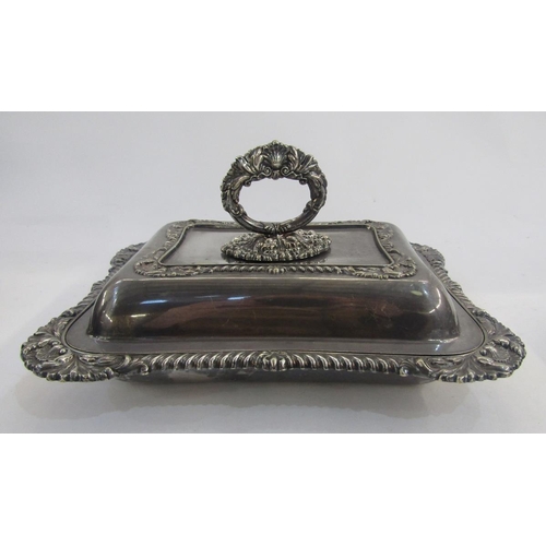 179 - Pair of silver plated entree dishes, each rectangular, with ornate foliate bayonet handles, shell, f... 