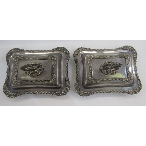 179 - Pair of silver plated entree dishes, each rectangular, with ornate foliate bayonet handles, shell, f... 