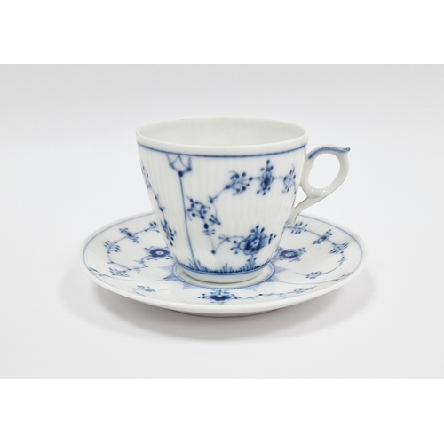 19 - Royal Copenhagen blue and white lace-pattern teacup and saucer, printed blue and green marks, patter... 