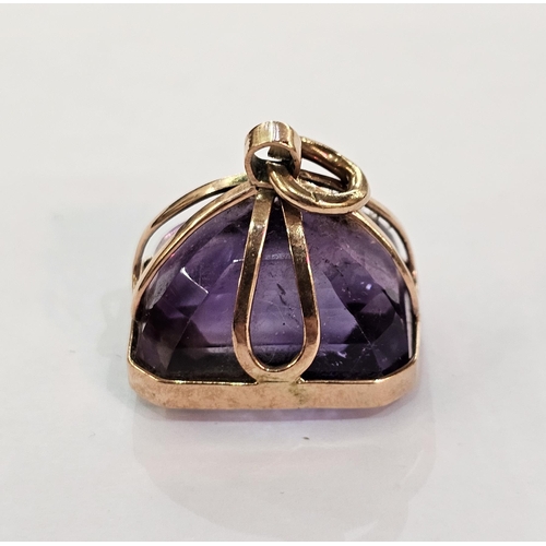 191 - 9ct gold and amethyst fob pendant with rectangular faceted stone in pierced hanging mount