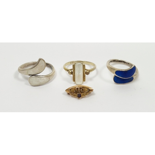 198 - Two sterling silver and enamel cross-over rings, the ends set with enamel panels (one white, one blu... 