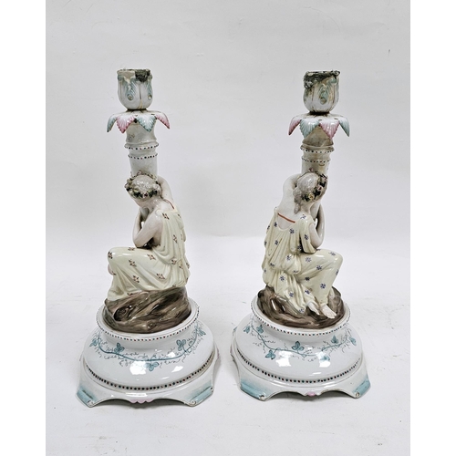 21 - Pair of late 19th century German porcelain figural candlesticks, underglaze blue script R marks, pai... 