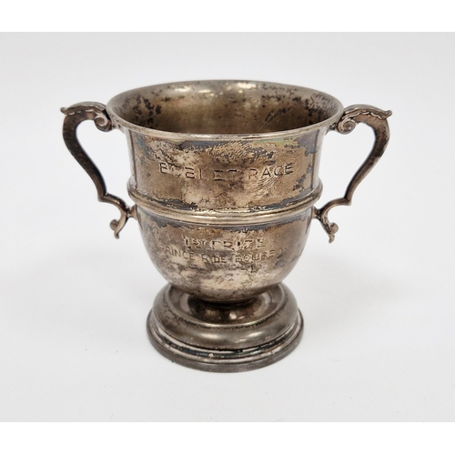 226 - Silver small twin handled trophy, rubbed London hallmarks, marked to base Goldsmiths & Silversmiths,... 