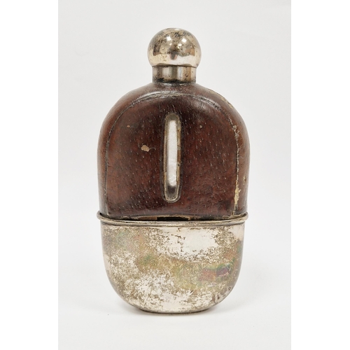 227 - Victorian silver and glass hip flask, with partial leather cover and detachable silver cup, London 1... 