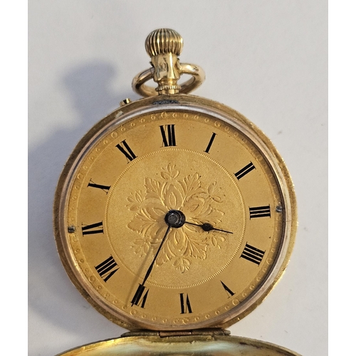 242 - Early 20th century 18ct gold cased half hunter fob watch, the gilt dial with Roman numerals denoting... 