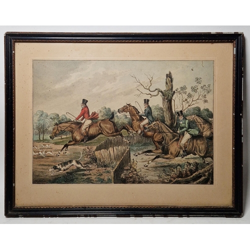 258 - After Henry Alken (1784-1851)
 Hand-coloured engraving
 Hunting scene with horses and hounds jumping... 