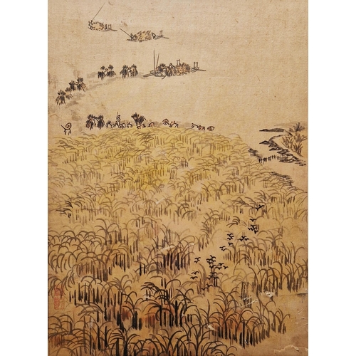 261 - Three 20th century Chinese silk landscape paintings, one with sailing ships, another with ships in m... 