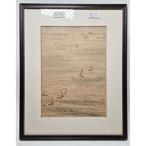 261 - Three 20th century Chinese silk landscape paintings, one with sailing ships, another with ships in m... 