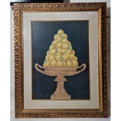 271 - Large framed print of lemons in a neoclassical two-handled tazza, printed signature 'Ida', within a ... 