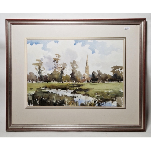 284 - John Yardley (1933)
 Watercolour and pencil on paper
 Salisbury cathedral from Harnham, signed lower... 