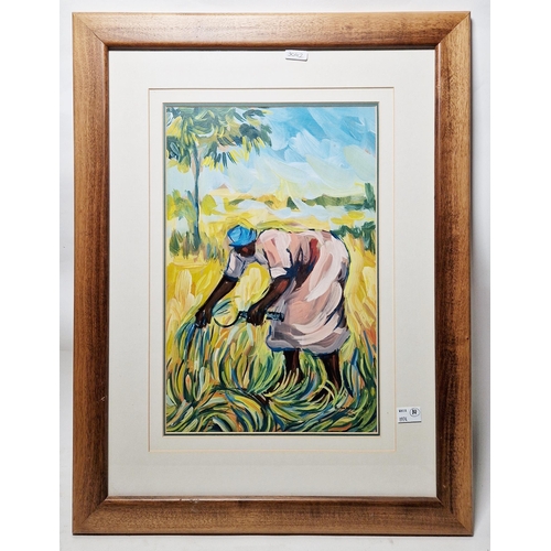 285 - B. Mngu
 Oil/paint on paper
 Study of a woman cutting in the fields, signed B Mngu lower right, 37cm... 