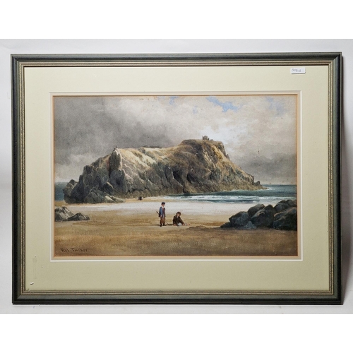 288 - Robert Tucker (1807-1891)
 Watercolour
 Boys on a beach in rocky landscape, signed lower left, 28.5c... 