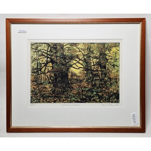 299 - 21st century school
 Two pastels on paper and an etching 
 Two misty landscapes, 19.5cm x 26.5cm, an... 