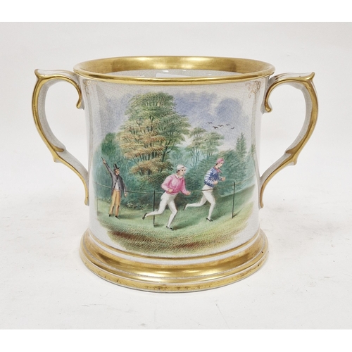 30 - Staffordshire pottery named and dated two-handled loving cup, painted with a running race, inscribed... 