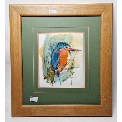 306 - 21st century African School 
 Watercolour and charcoal
 A Kingfisher perched on a branch, indistinct... 