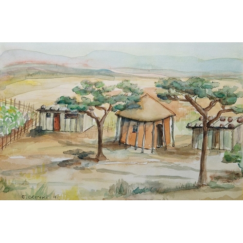 307 - Five contemporary African artworks
 comprising: K. Creyke, watercolour of an African landscape, sign... 