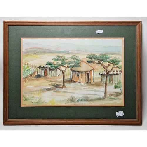 307 - Five contemporary African artworks
 comprising: K. Creyke, watercolour of an African landscape, sign... 