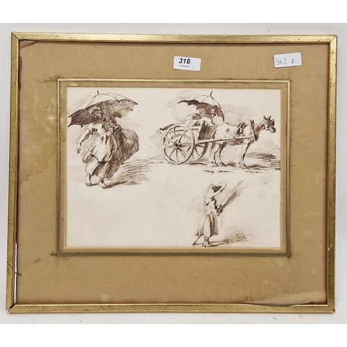 316 - 19th century school 
 Ink on paper
 Sketches of rural life, a figure on a horse and cart, a caricatu... 