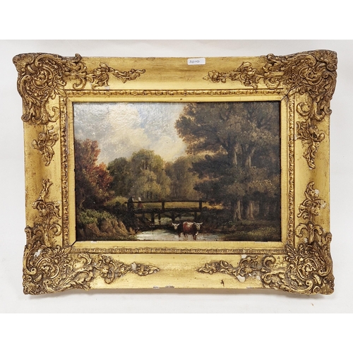 328 - 19th century English School
 Oil on board
 Figures on a bridge and cattle in river landscape, within... 