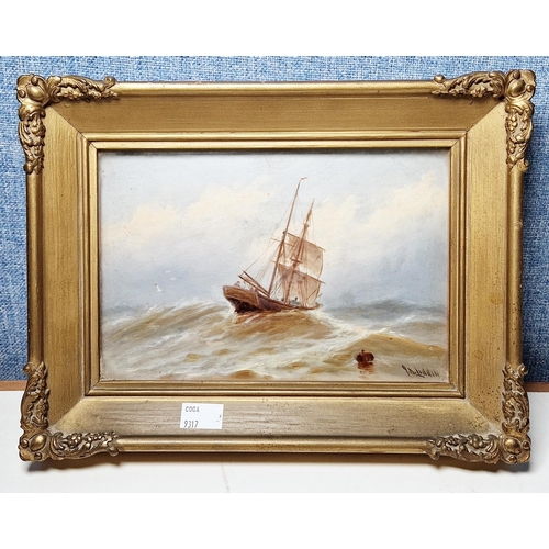 332 - John Davidson Liddell (1859-1942)
 Oil on board
 Maritime scene, sailing ship in rough sea, signed l... 