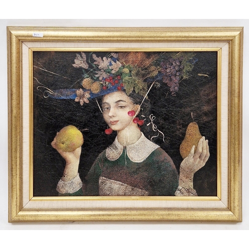 337 - Olga Oreshnikov (20th-21st Century)
 Oil on canvas
 Girl with fruit, signed lower right, labelled ve... 